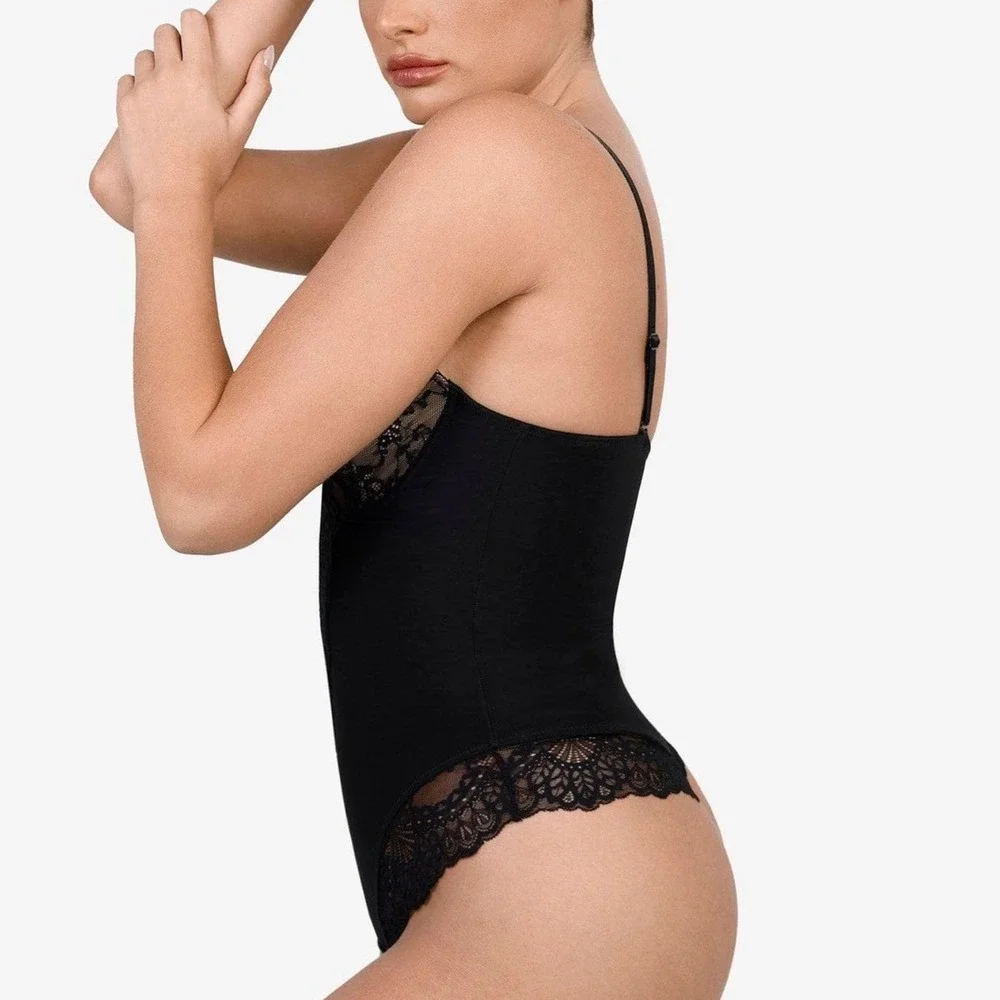 Popilush Black Lace Trim Body‎ Shaper Bodysuit Contour Fit Small New With Tags